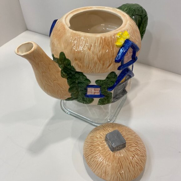 Vintage Ceramic Cottage Tea Pot Hand Painted. (6" H. x. 9" L.  x. 5" W) - Picture 8 of 10